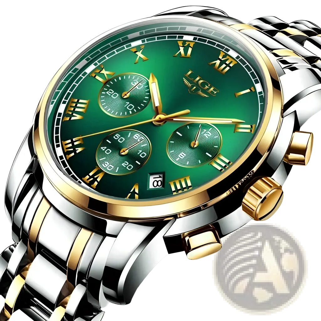 Lige men luxury chronograph watch with vibrant green dial, gold roman numerals, and silver stainless steel bracelet