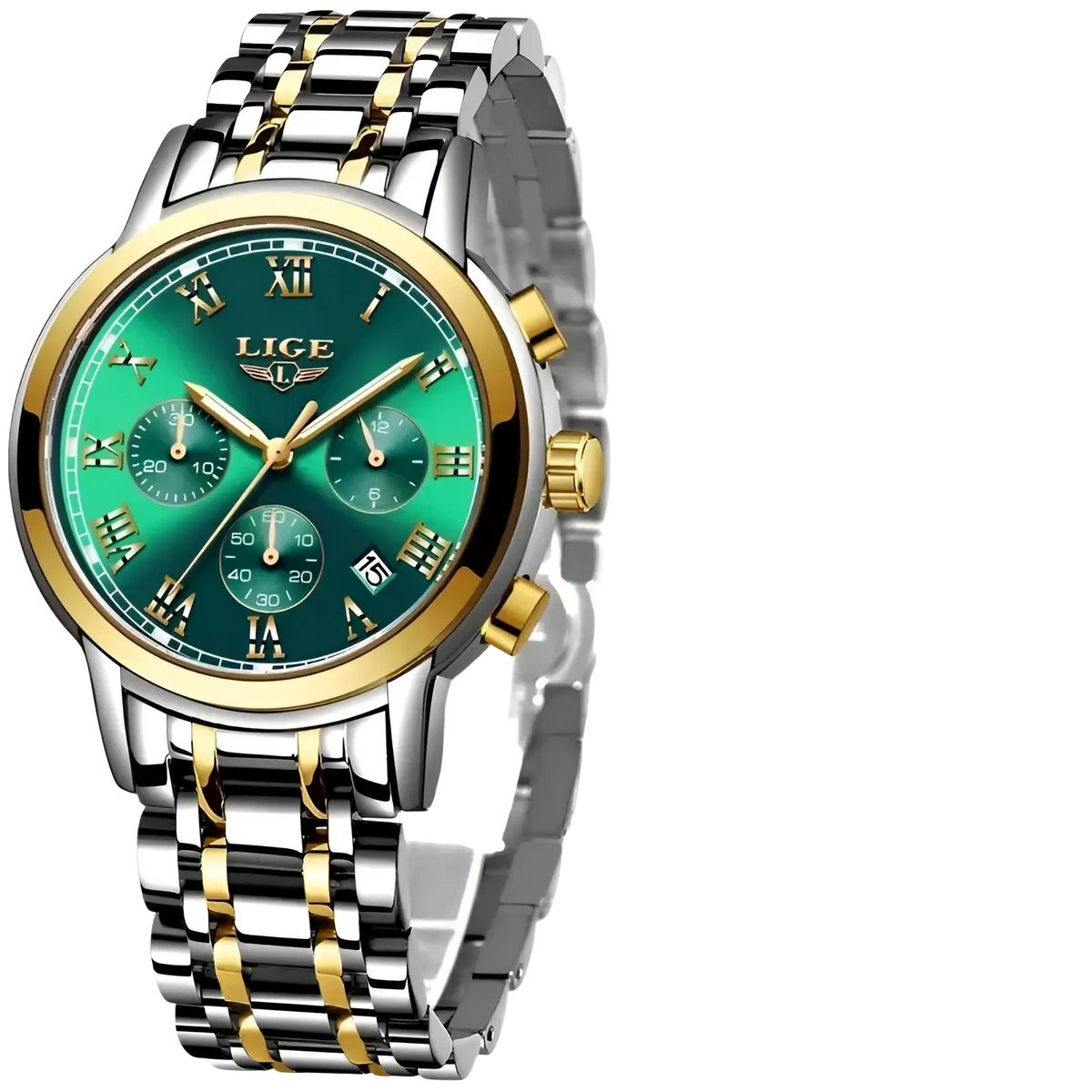 Lige men luxury chronograph watch with emerald green dial, roman numerals, and two-tone stainless steel gold bracelet