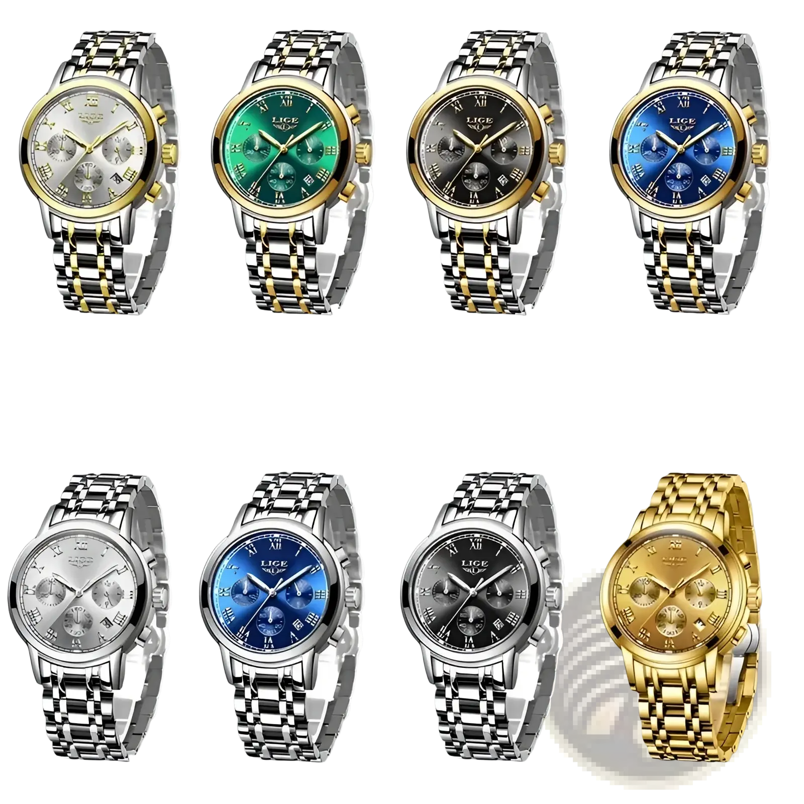 Lige men luxury chronograph watches with stainless steel and gold-tone bracelets and multi-color dials