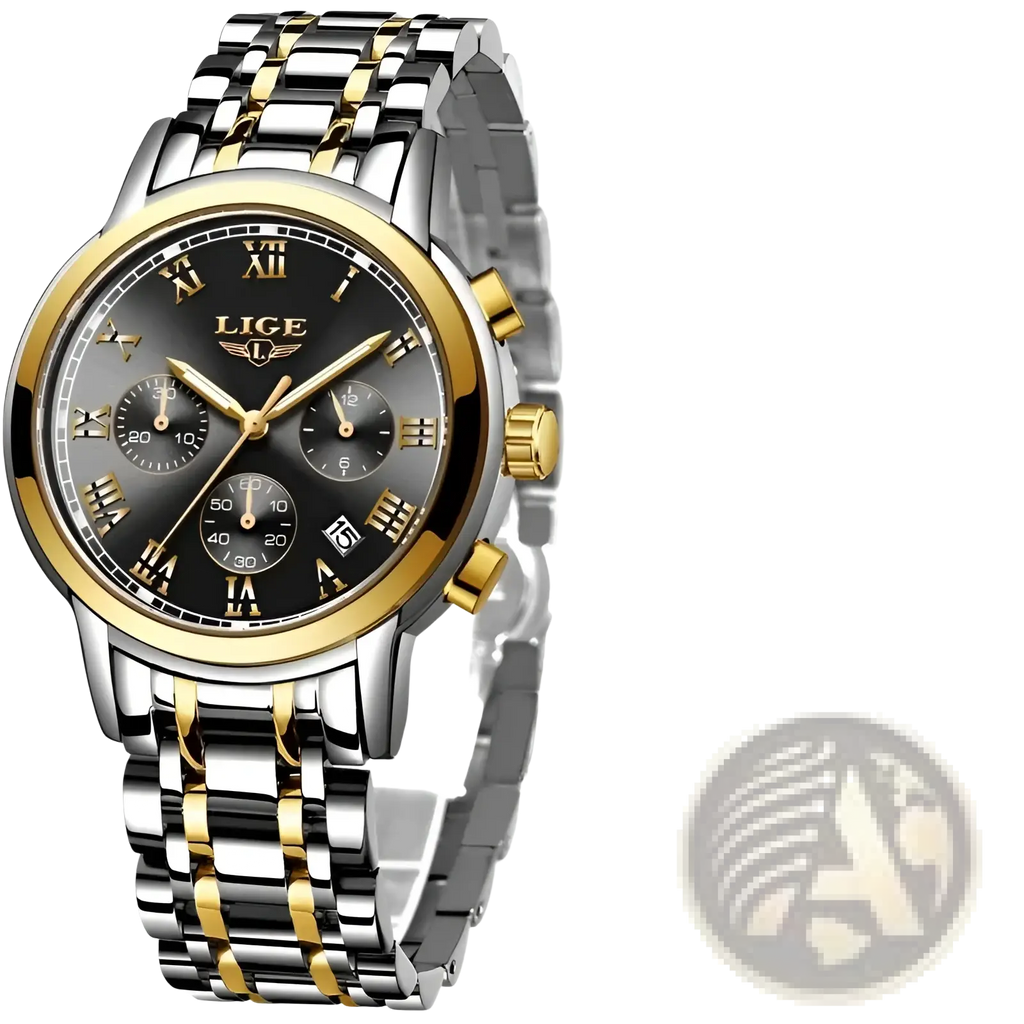 A lige men luxury chronograph watch with a black dial roman numerals and two-tone stainless steel gold bracelet
