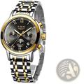 A lige men luxury chronograph watch with a black dial roman numerals and two-tone stainless steel gold bracelet
