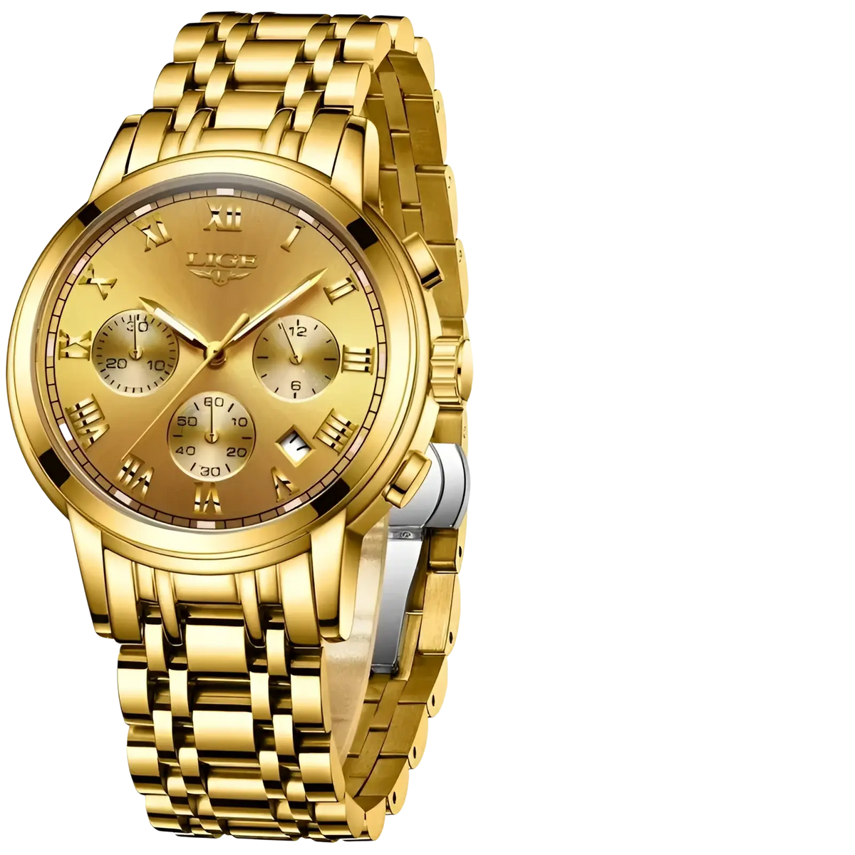 Lige men luxury chronograph watch with gold-tone stainless steel case gold dial roman numeral markers and three subdials
