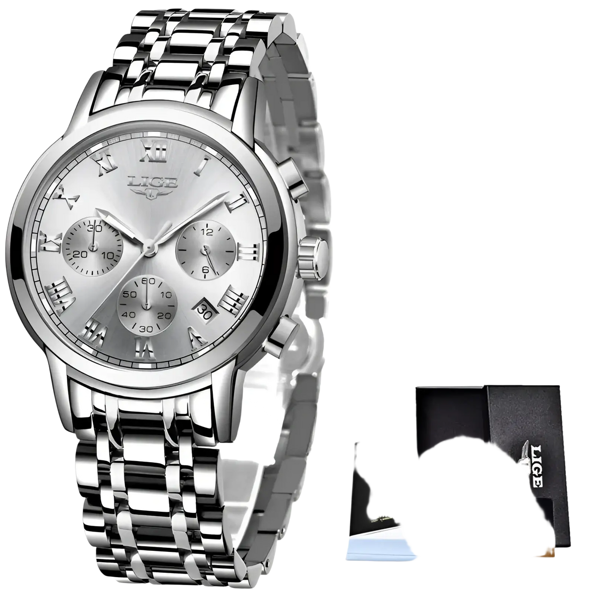 Silver lige men luxury chronograph watch with roman numeral dial and stainless steel bracelet for formal wear