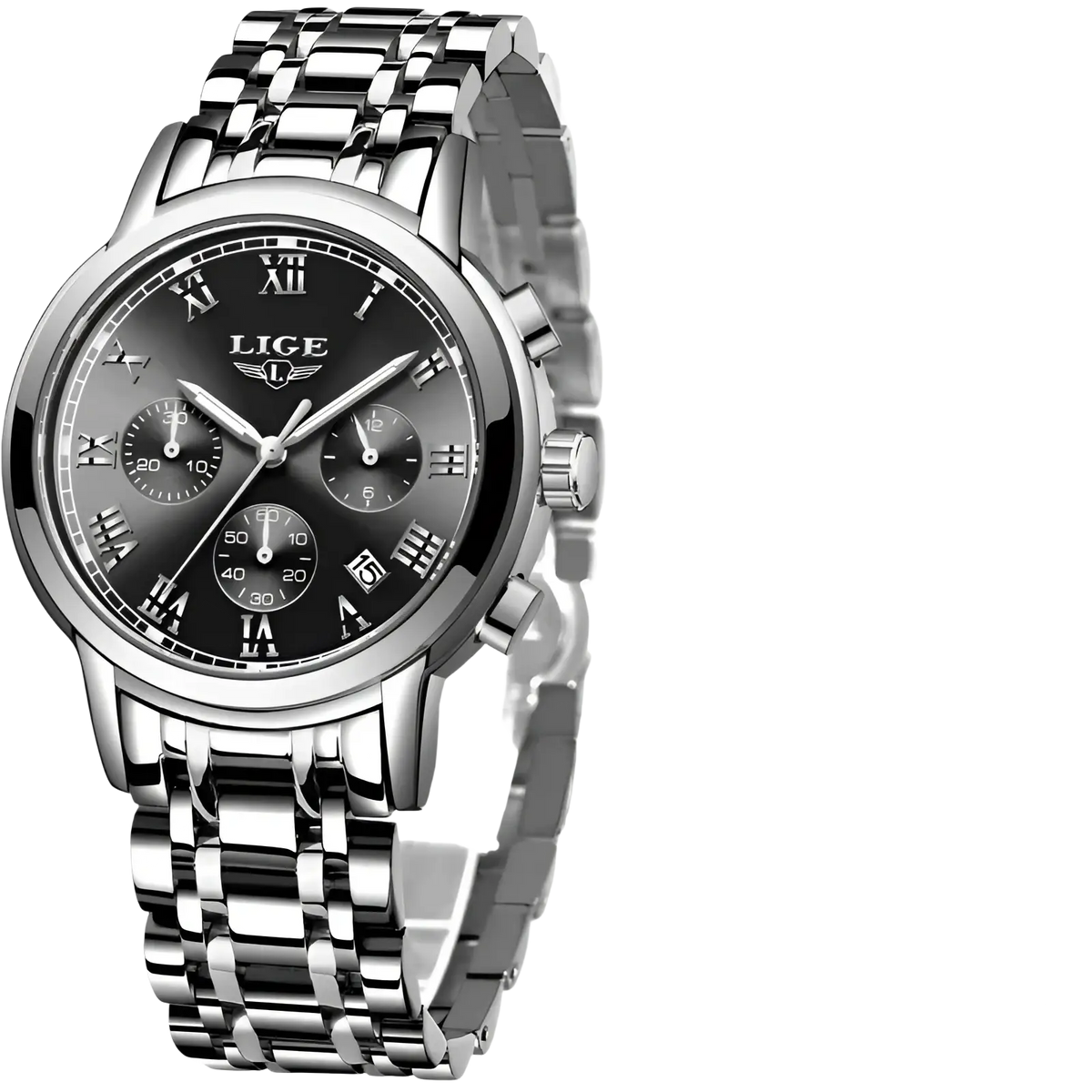 Silver-tone stainless steel lige men luxury chronograph watch with black dial roman numerals and three subdials