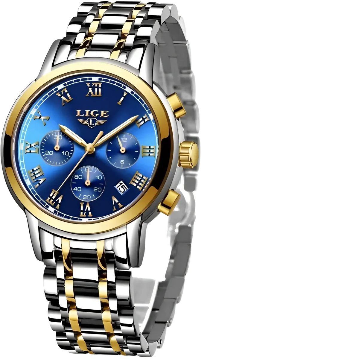 Lige men luxury chronograph watch with a vibrant blue dial gold-tone bezel and silver two-tone stainless steel bracelet