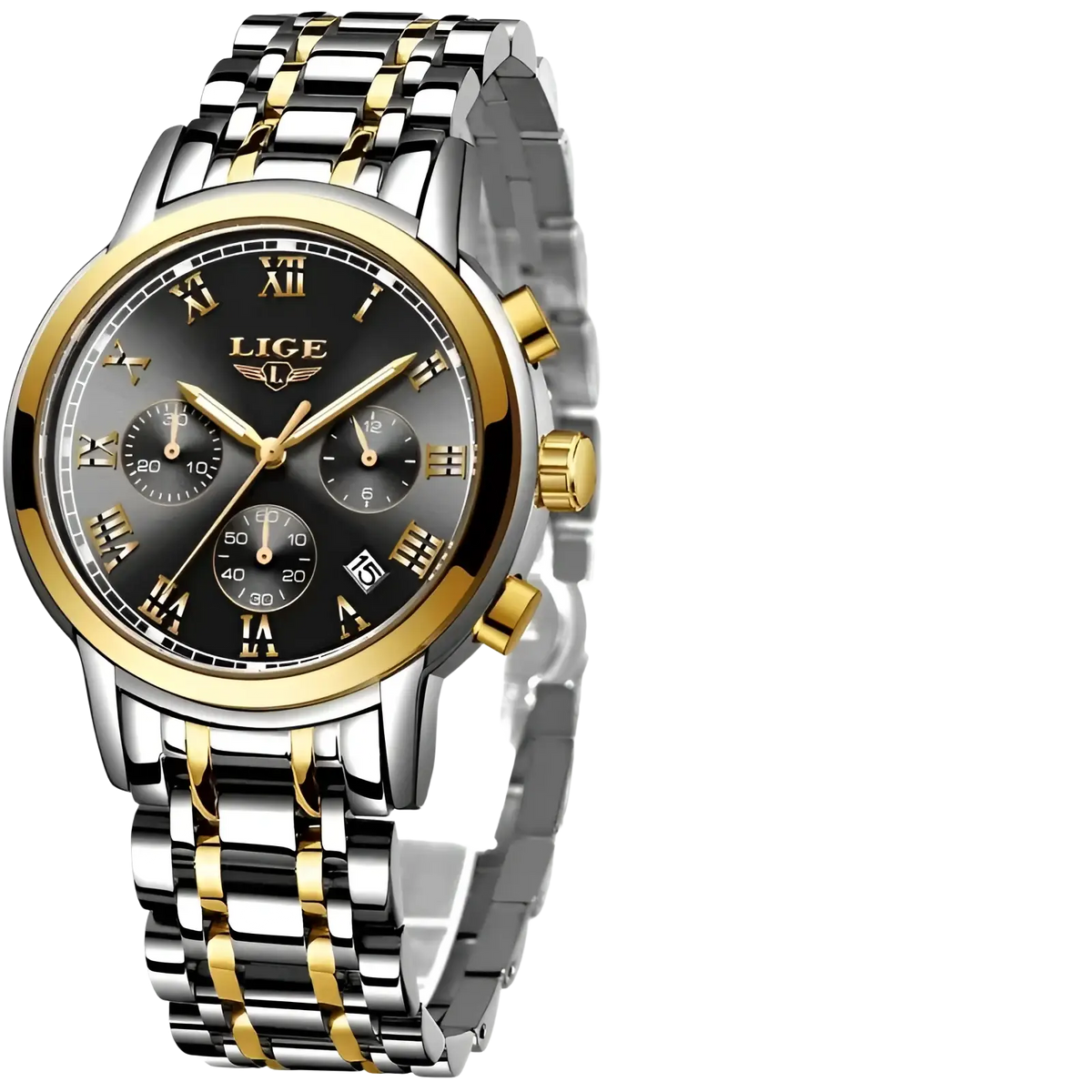 A lige men luxury chronograph watch with a black dial roman numerals and two-tone stainless steel gold bracelet