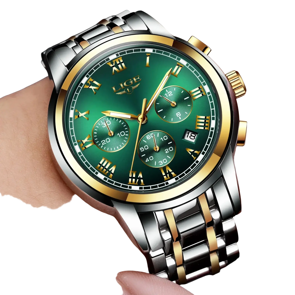 Lige men luxury chronograph watch with a green dial, gold-toned accents, roman numerals, and stainless steel bracelet