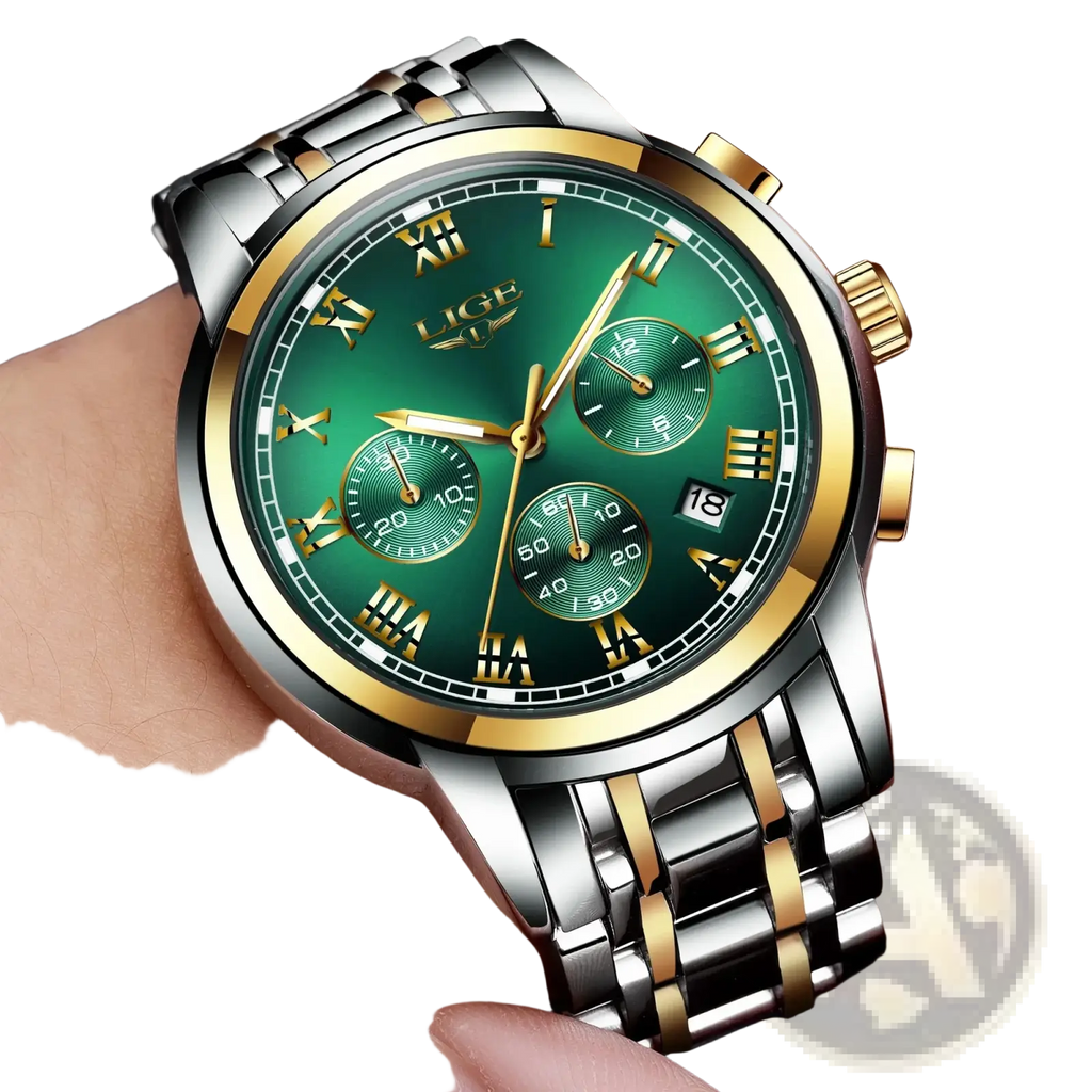 Lige men luxury chronograph watch with a green dial, gold-toned accents, roman numerals, and stainless steel bracelet