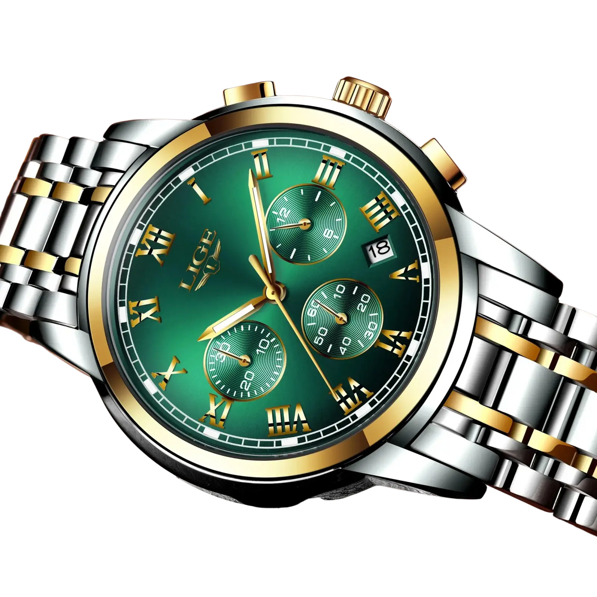 Lige men luxury chronograph watch with two-tone stainless steel and gold, green dial, roman numerals, and three subdials