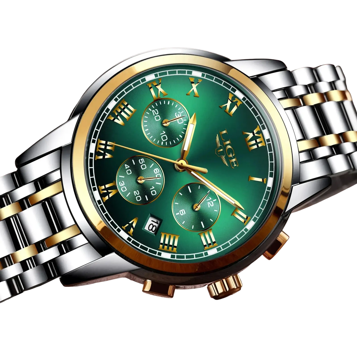 Lige men luxury chronograph watch with two-tone stainless steel and gold case, green dial, roman numerals, and date window