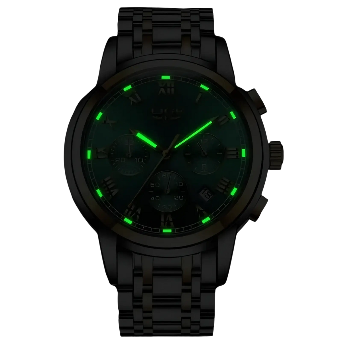 Lige men luxury chronograph watch with two-tone stainless steel case, dark green dial, and glowing lime-green markers