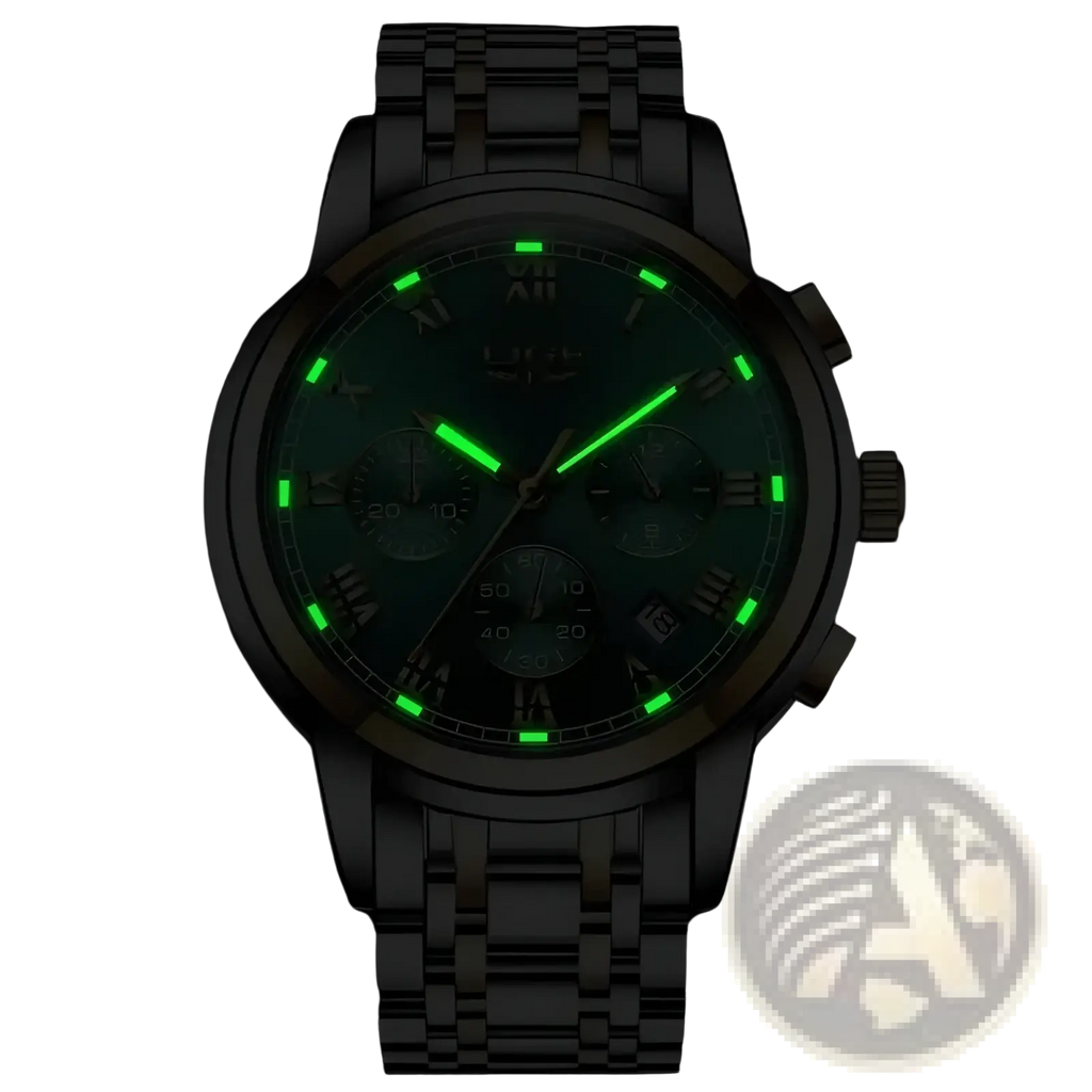 Lige men luxury chronograph watch with two-tone stainless steel case, dark green dial, and glowing lime-green markers