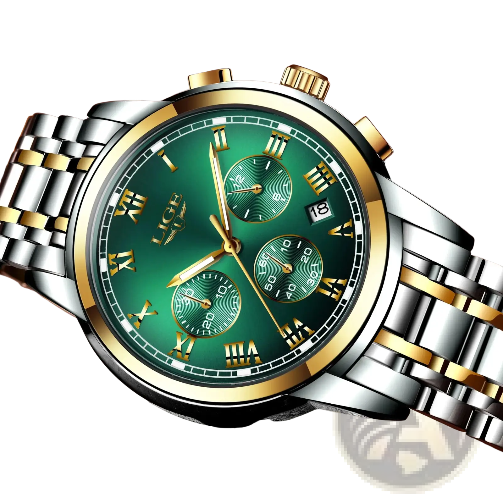 Lige men luxury chronograph watch with two-tone stainless steel and gold, green dial, roman numerals, and three subdials