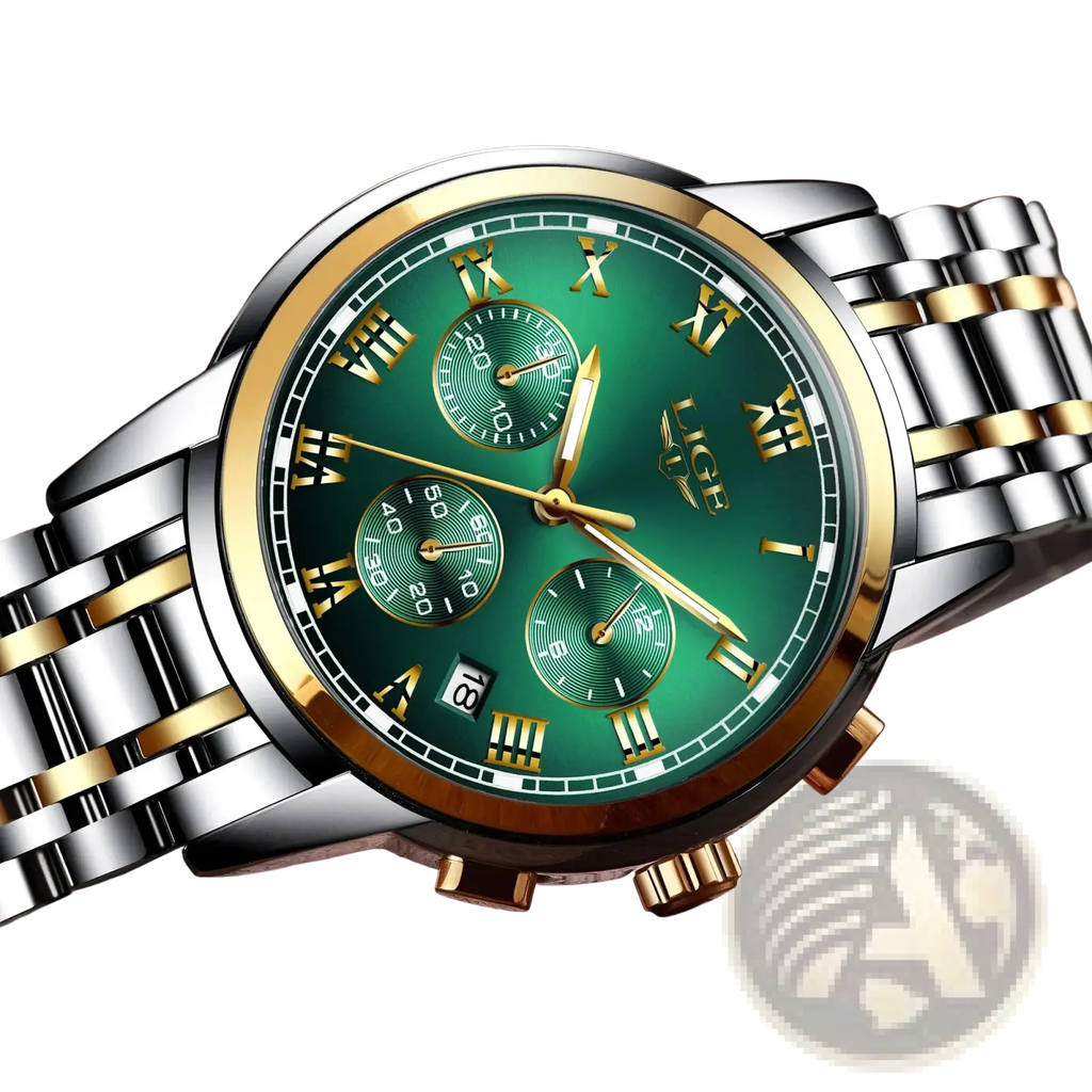 Lige men luxury chronograph watch with two-tone stainless steel and gold case, green dial, roman numerals, and date window