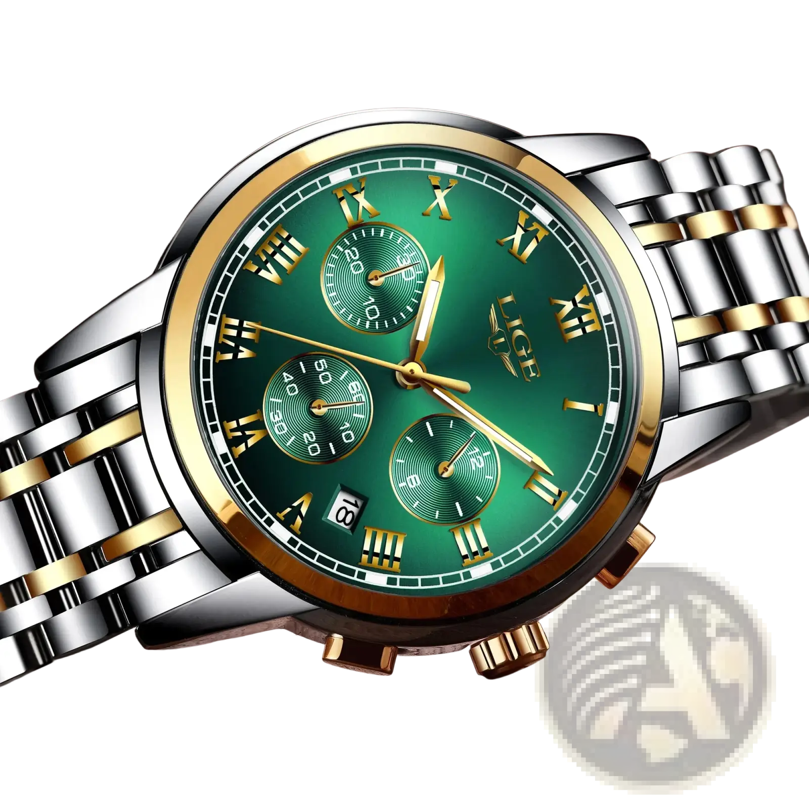 Lige men luxury chronograph watch with two-tone stainless steel and gold case, green dial, roman numerals, and date window