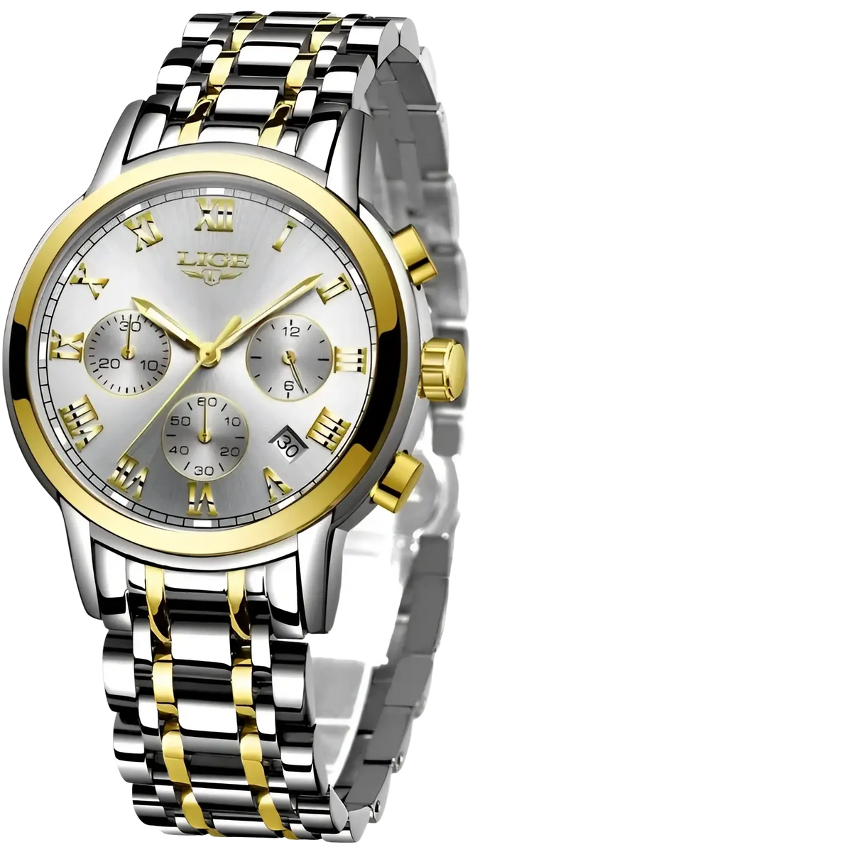 Lige men luxury chronograph watch with two-tone stainless steel and gold case, silver dial, roman numerals, and three subdials