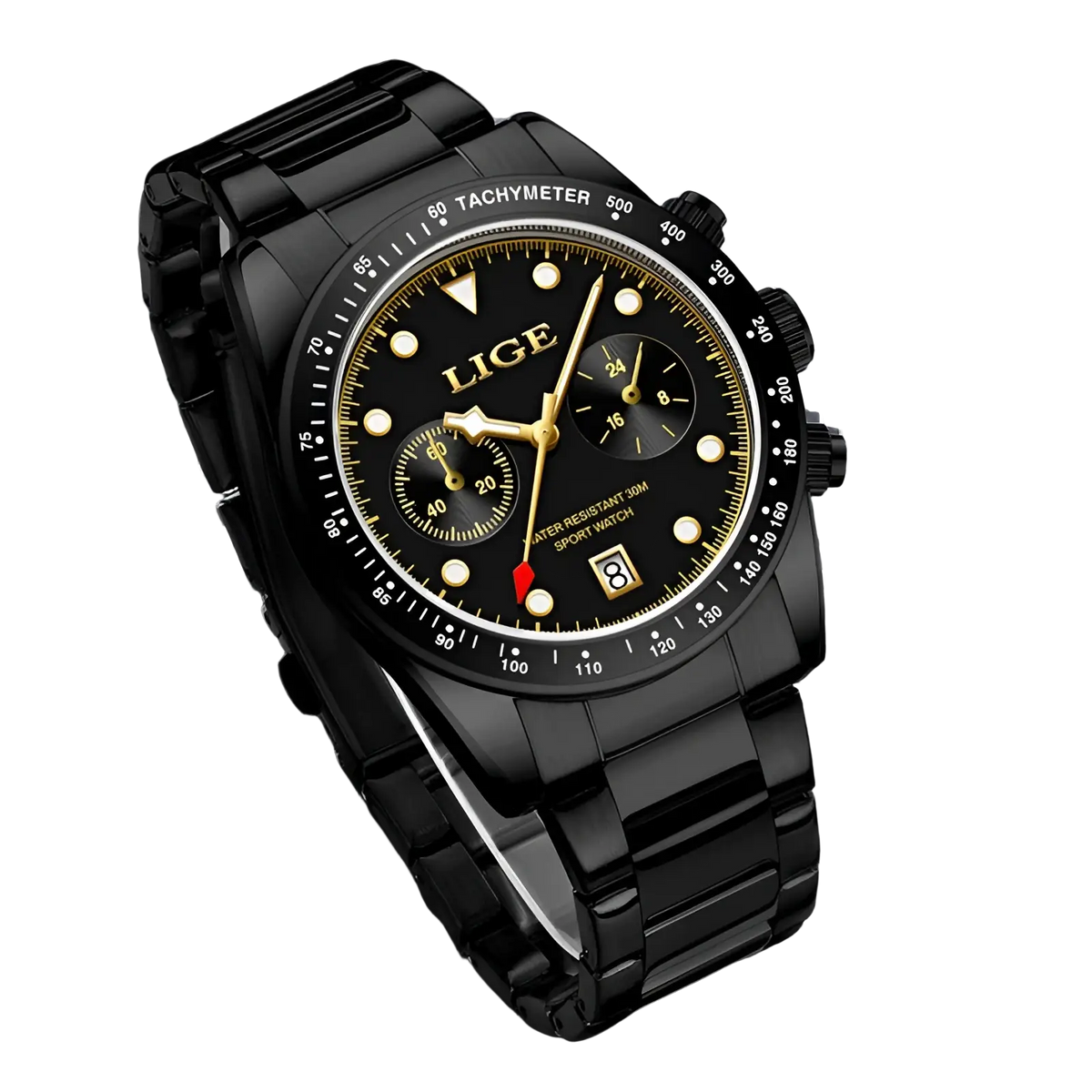 Lige men luxury quartz watch with black stainless steel bracelet and gold-toned dial chronograph sport design