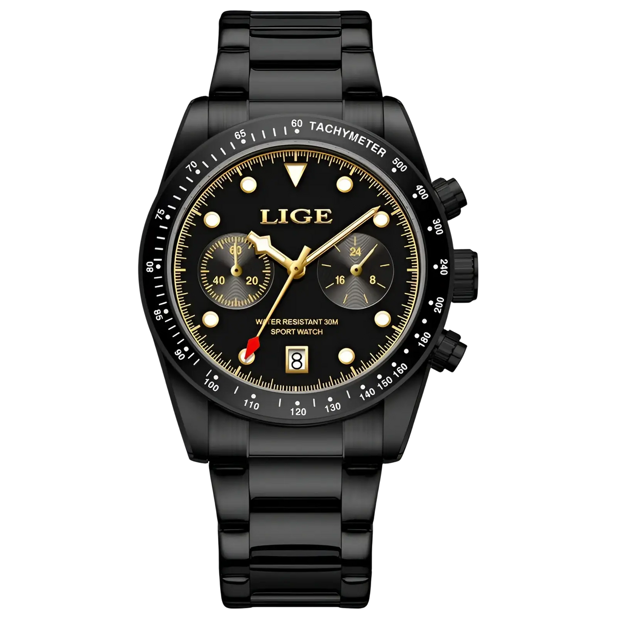 Black lige men luxury quartz chronograph sport watch with gold-toned accents and date display on black dial