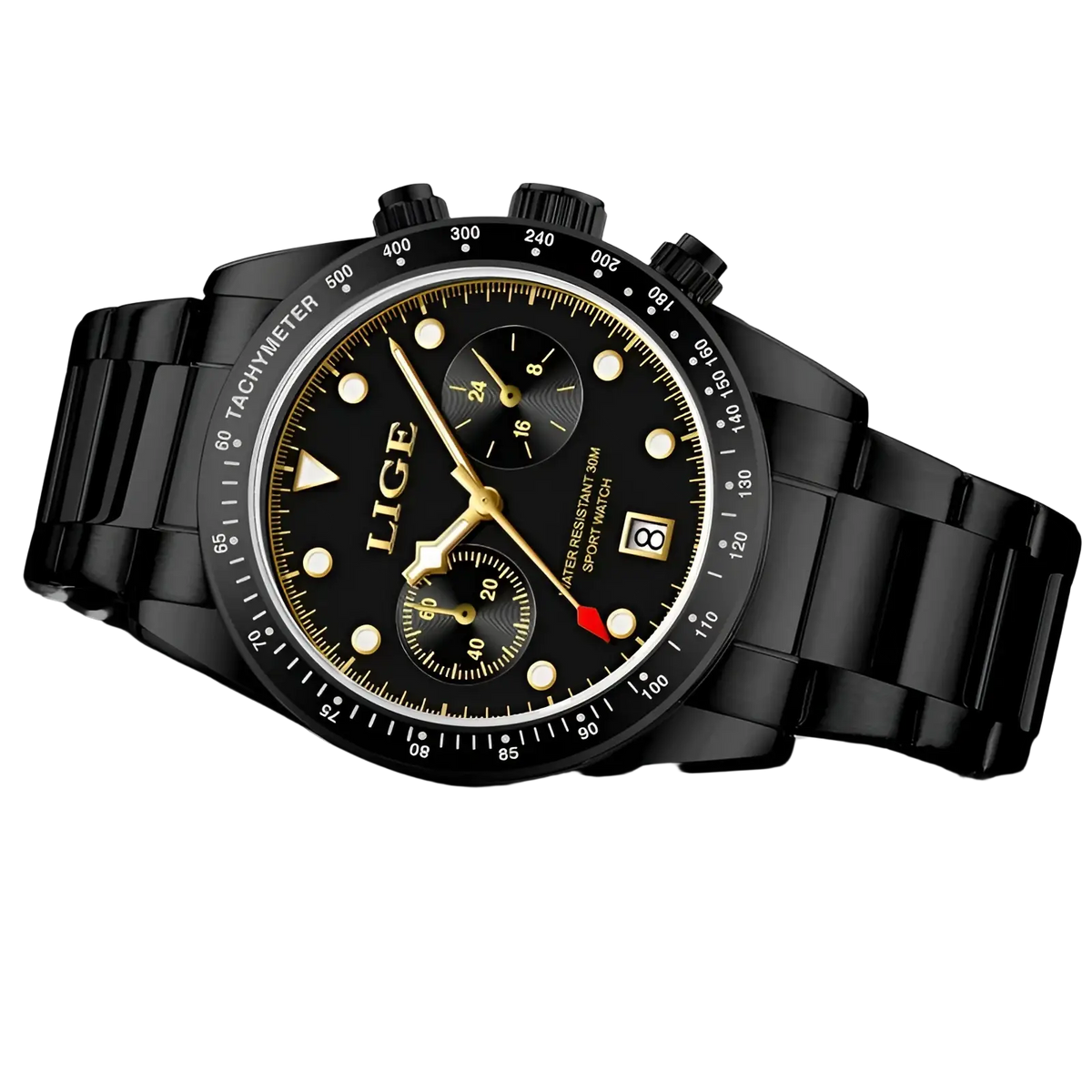 Lige men luxury quartz watch black gold chronograph with black stainless steel bracelet and gold-toned dial