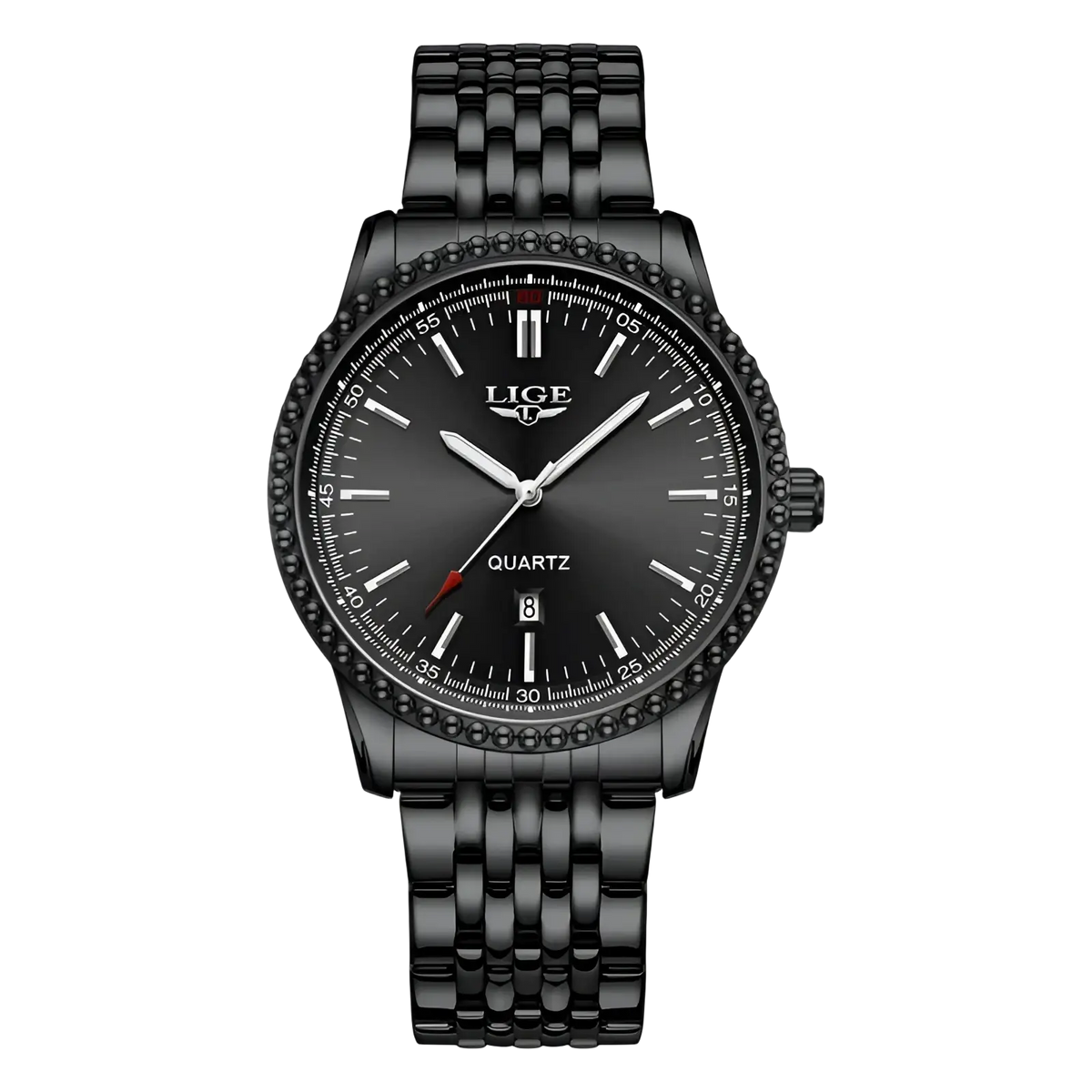 Black lige men luxury quartz watch with sleek all black stainless steel bracelet and bezel adorned with black stones
