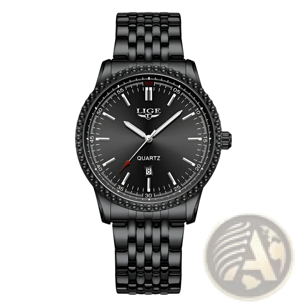 Black lige men luxury quartz watch with sleek all black stainless steel bracelet and bezel adorned with black stones
