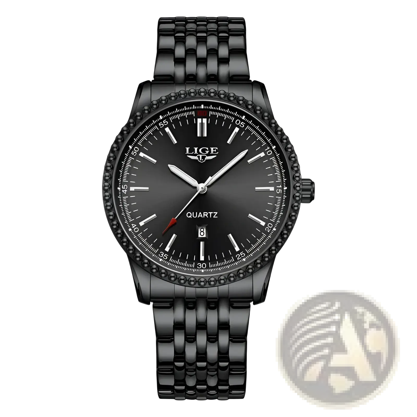 Black lige men luxury quartz watch with sleek all black stainless steel bracelet and bezel adorned with black stones