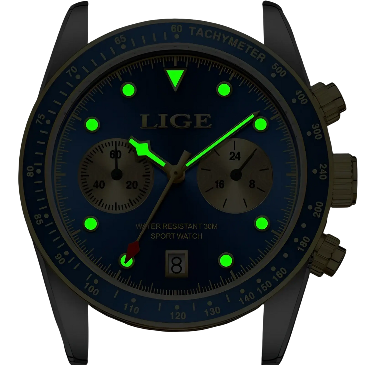 Blue lige men luxury quartz chronograph watch with glowing green hands, tachymeter bezel, and two subdials