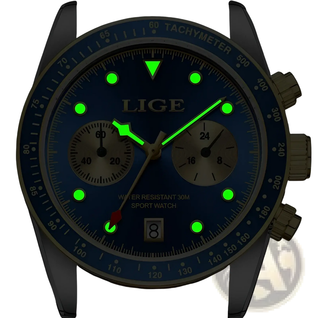 Blue lige men luxury quartz chronograph watch with glowing green hands, tachymeter bezel, and two subdials