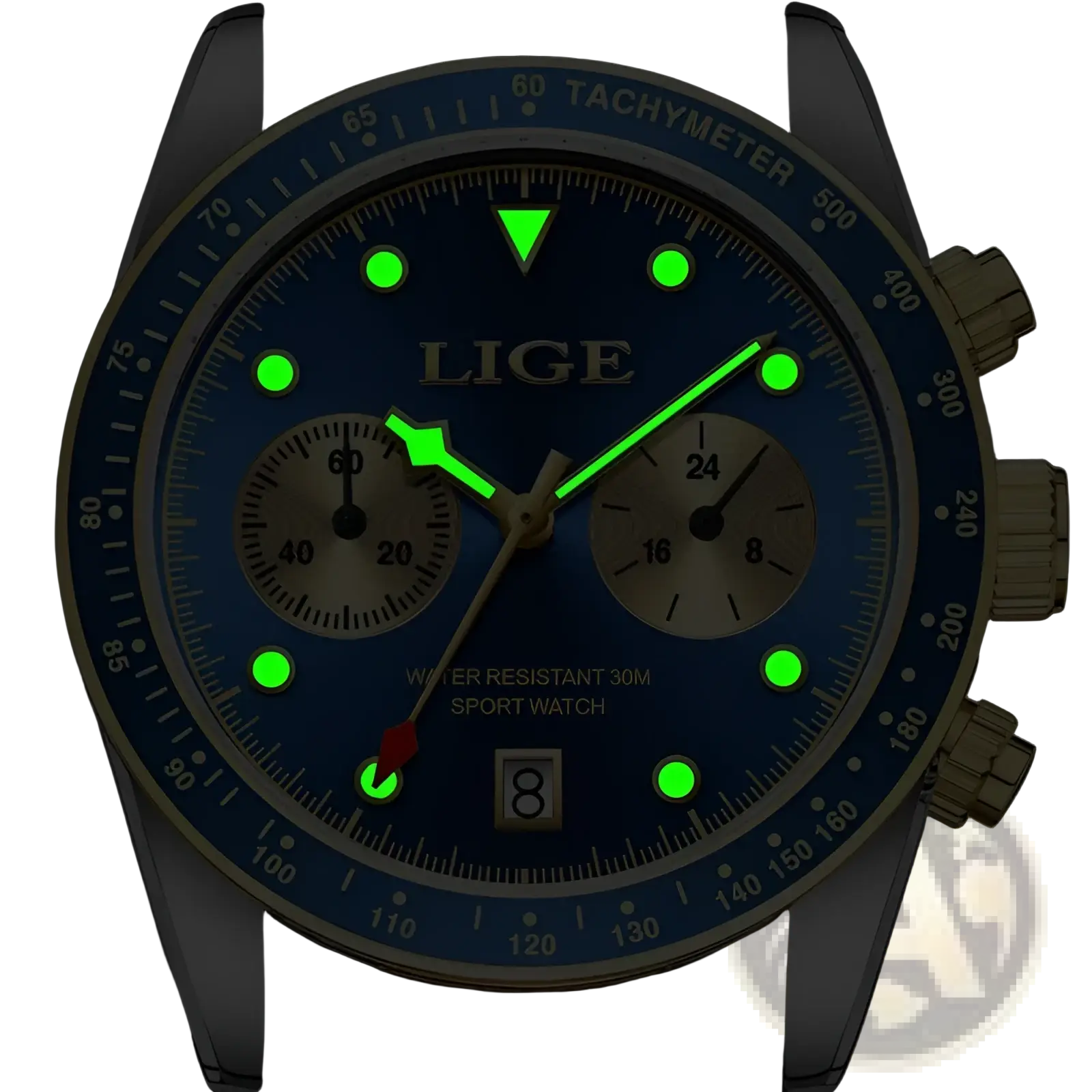 Blue lige men luxury quartz chronograph watch with glowing green hands, tachymeter bezel, and two subdials