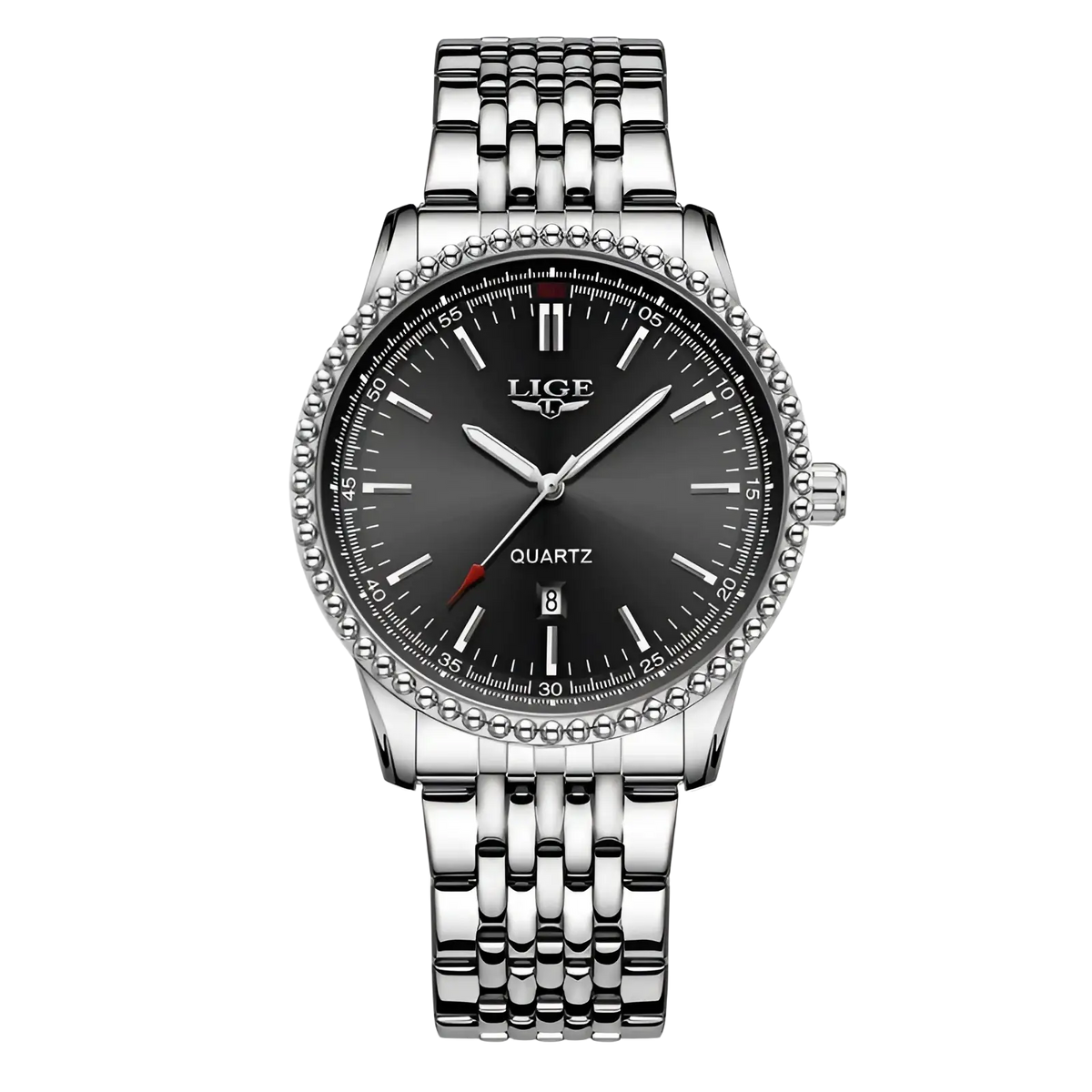 Silver-tone lige men luxury quartz watch with black dial beaded bezel and stainless steel link bracelet