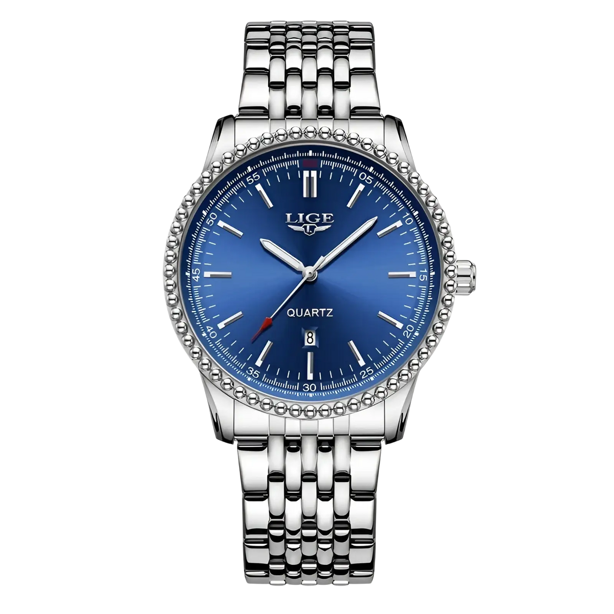Silver-tone stainless steel lige men luxury quartz watch with vibrant blue dial and diamond-like bezel accents