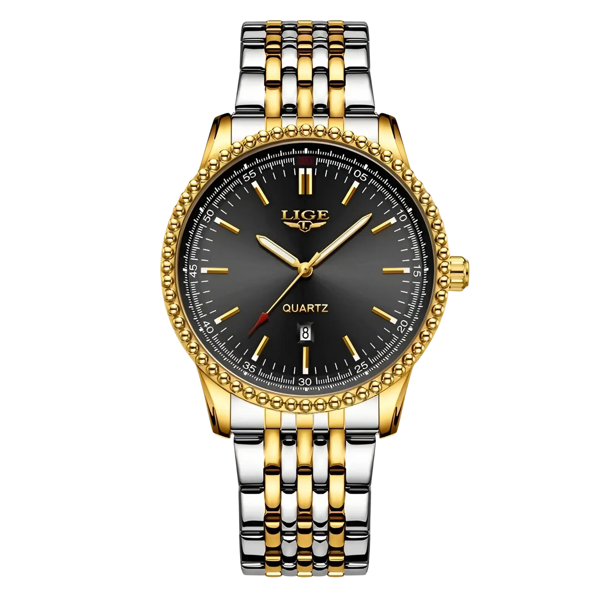 A lige men luxury quartz watch with a black dial gold hands and markers and a stainless steel gold-plated bracelet
