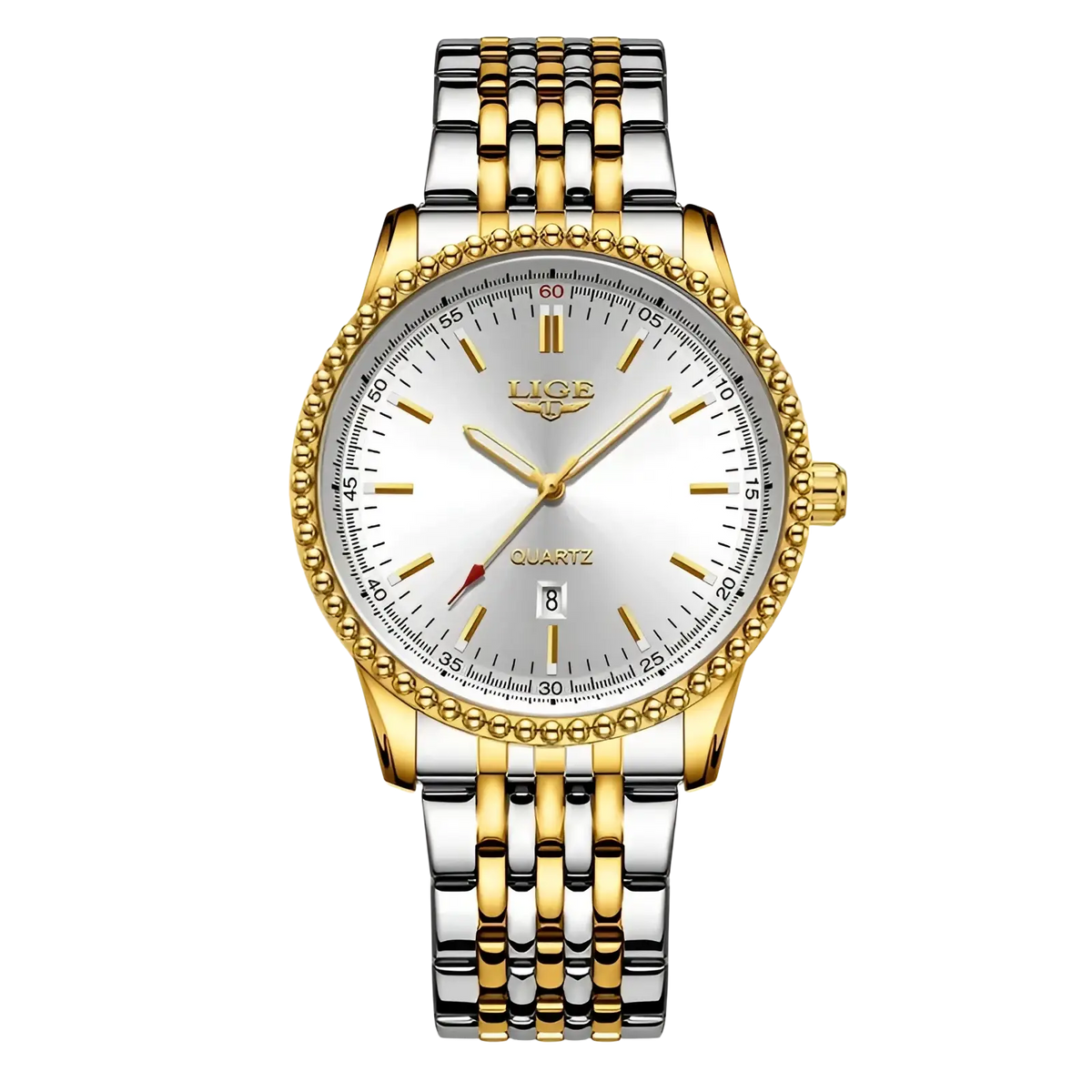 A lige men luxury quartz watch in two-tone gold and silver with a beaded bezel and minimalist gold markers