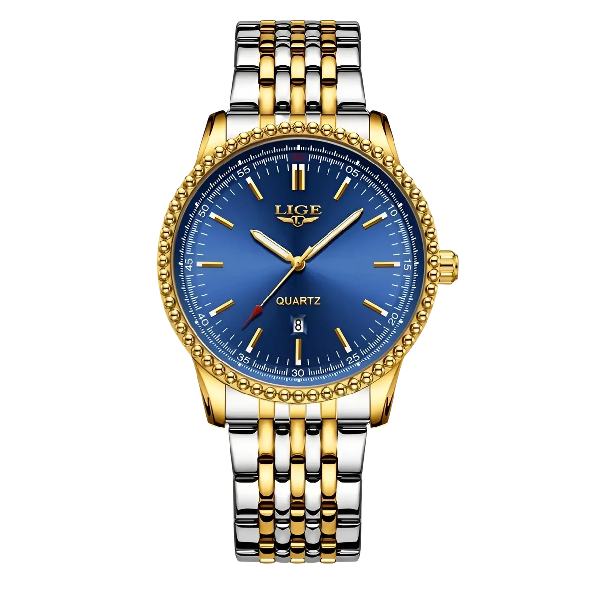 Lige men luxury quartz watch in two-tone stainless steel and gold with vibrant blue dial and gold markers