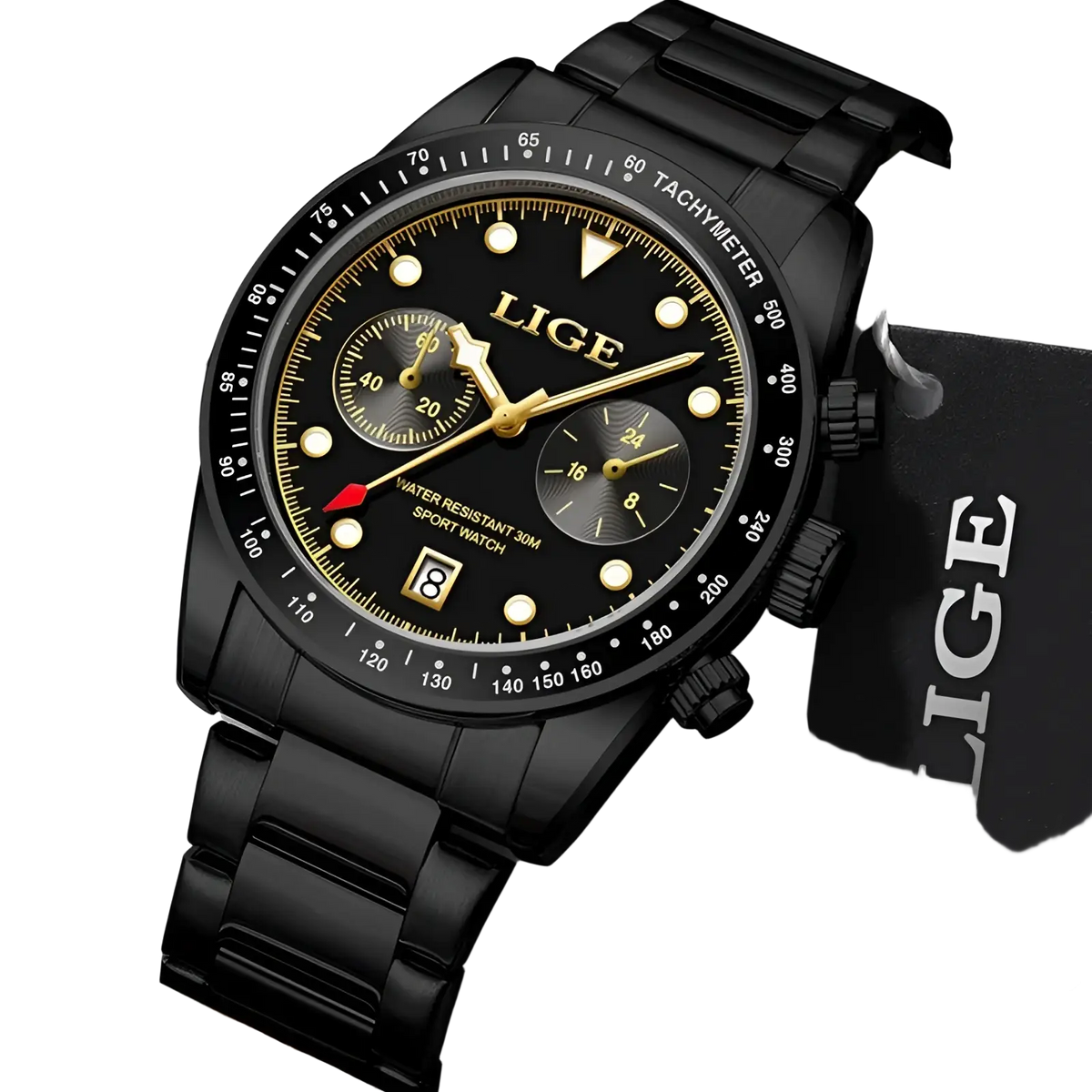 Lige men luxury quartz watch with black stainless steel bracelet and gold-toned dial featuring three subdials