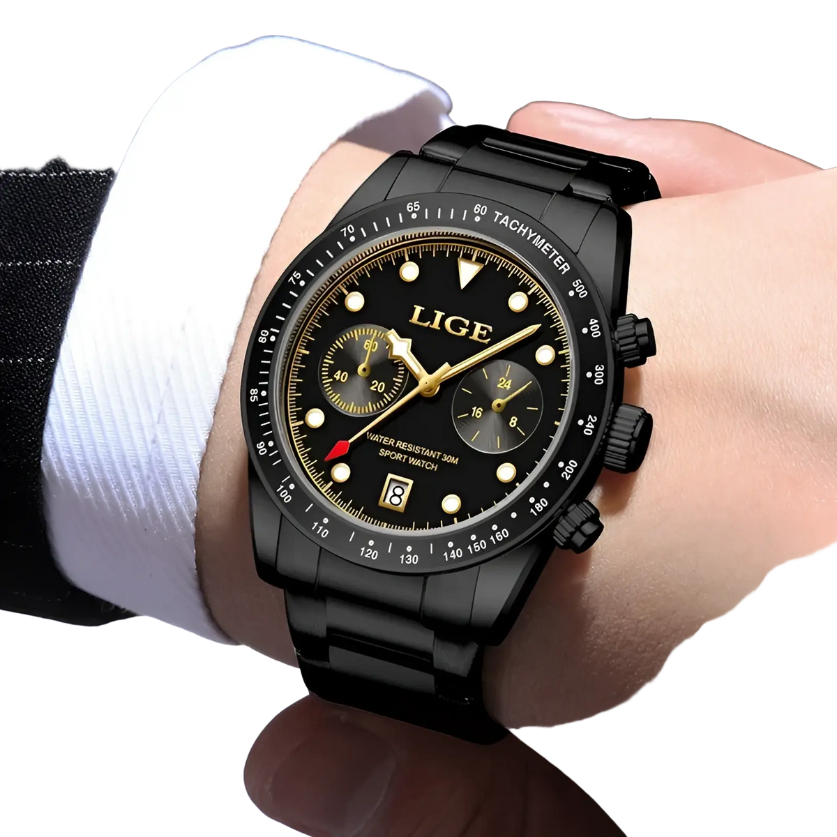 Lige men luxury quartz watch black gold chronograph with stainless steel band three sub-dials and tachymeter scale