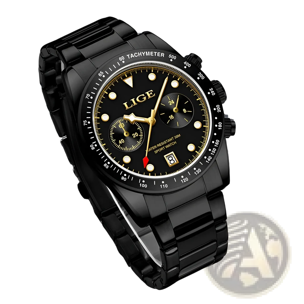 Lige men luxury quartz watch with black stainless steel bracelet and gold-toned dial chronograph sport design