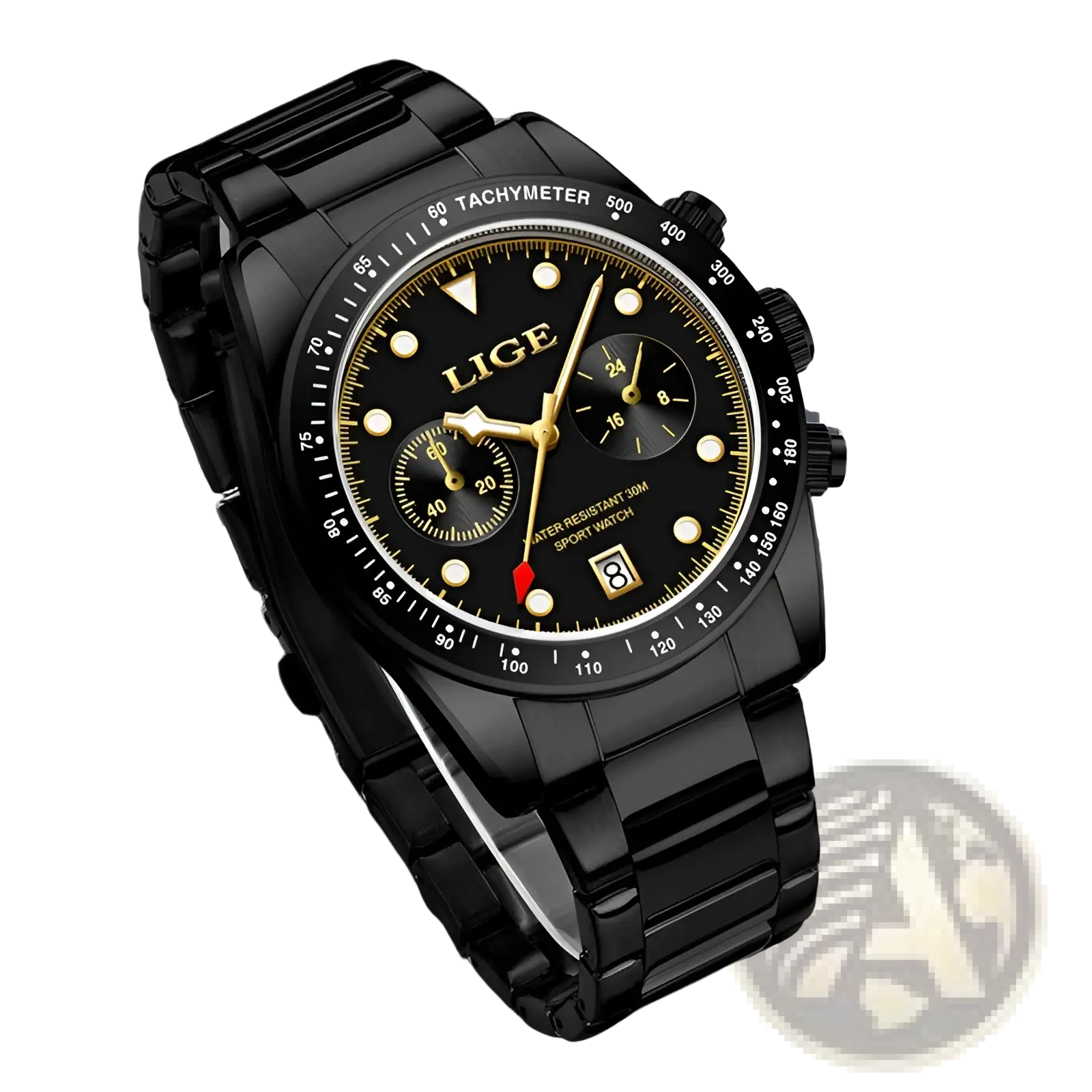 Lige men luxury quartz watch with black stainless steel bracelet and gold-toned dial chronograph sport design