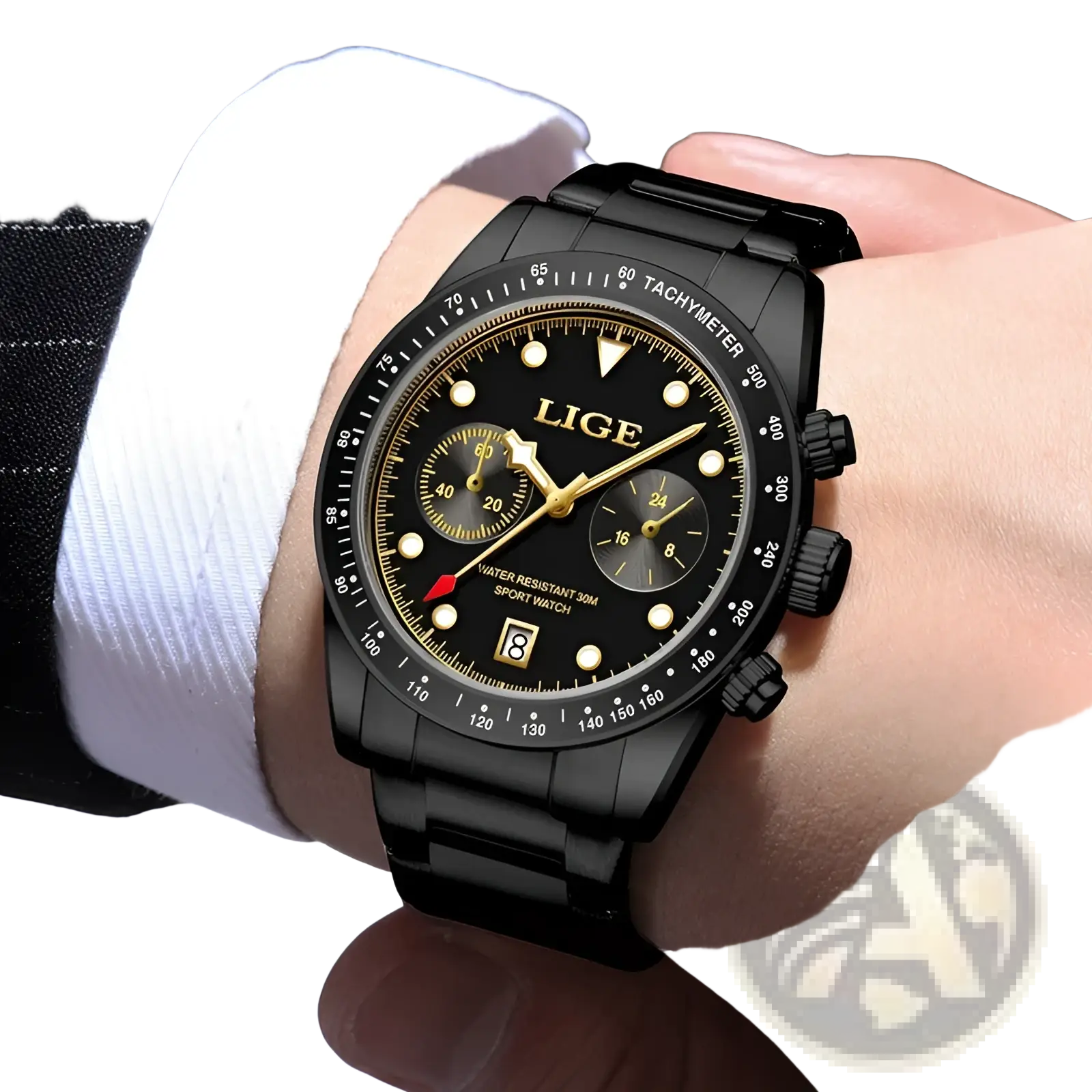 Lige men luxury quartz watch black gold chronograph with stainless steel band three sub-dials and tachymeter scale