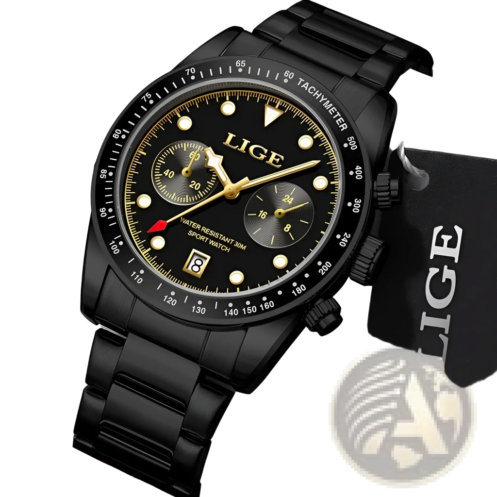 Lige men luxury quartz watch with black stainless steel bracelet and gold-toned dial featuring three subdials