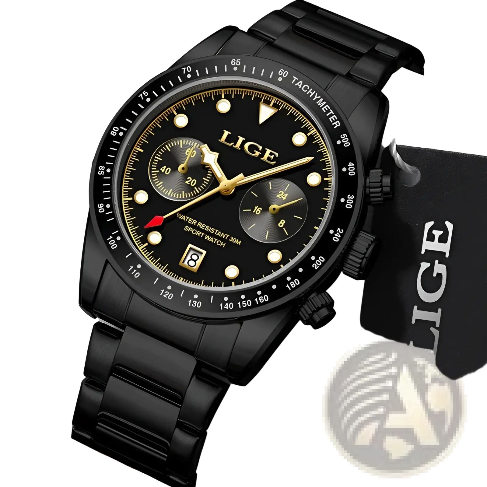 Lige men luxury quartz watch with black stainless steel bracelet and gold-toned dial featuring three subdials