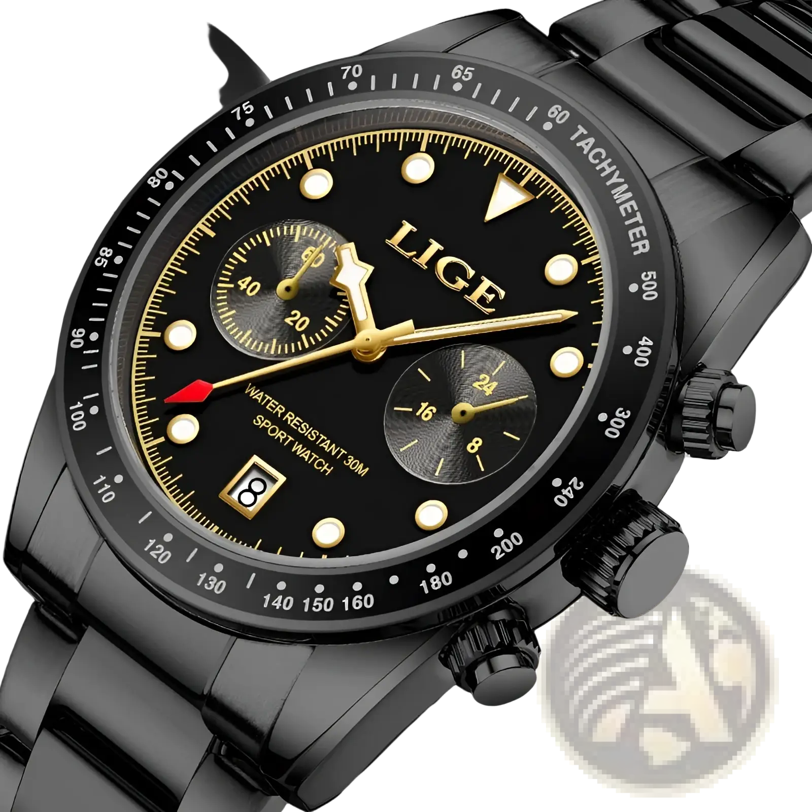 Lige men luxury quartz sport watch with gold-toned dial, three sub-dials, and black stainless steel bracelet