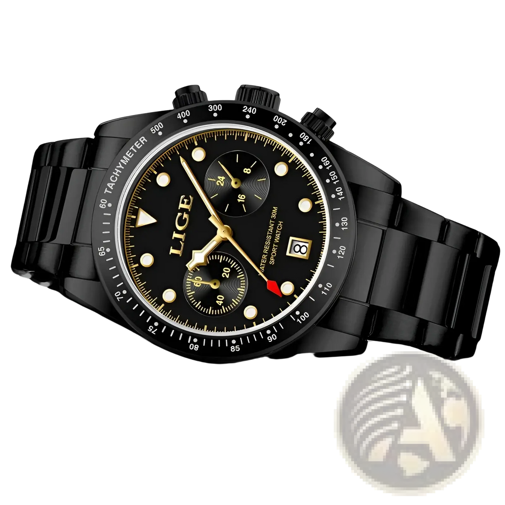 Lige men luxury quartz watch black gold chronograph with black stainless steel bracelet and gold-toned dial