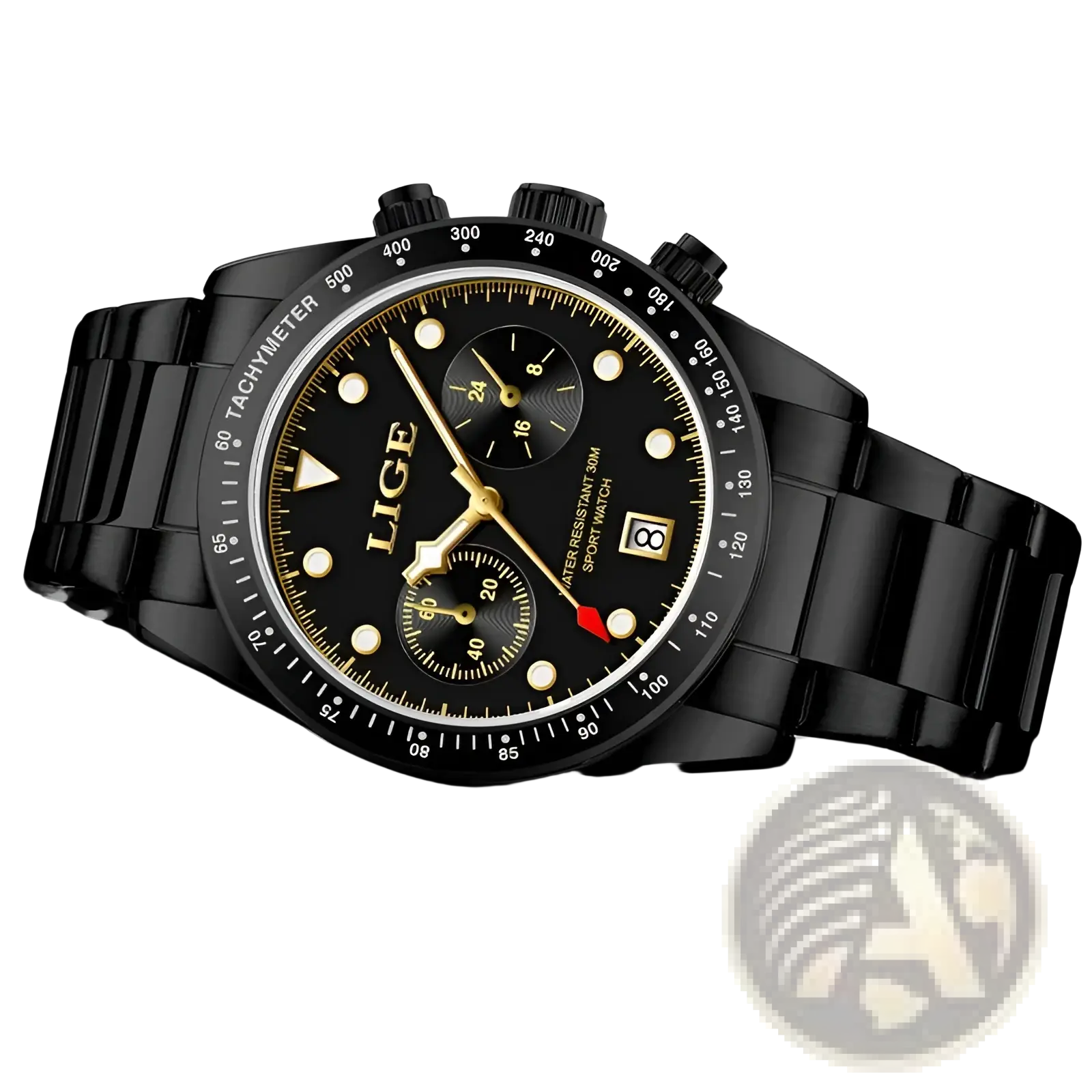 Lige men luxury quartz watch black gold chronograph with black stainless steel bracelet and gold-toned dial