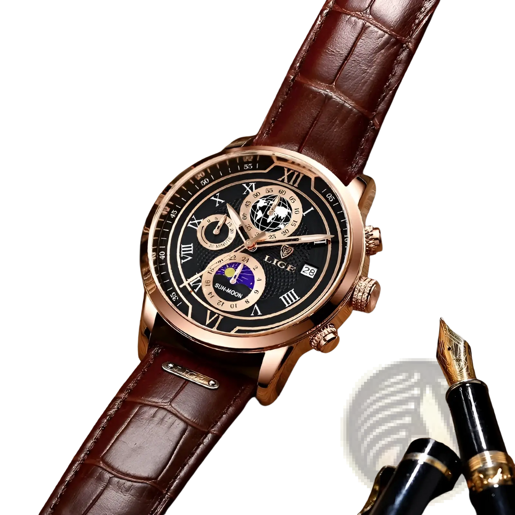 Lige men rose gold chronograph leather watch with black dial roman numerals moon phase and brown crocodile strap