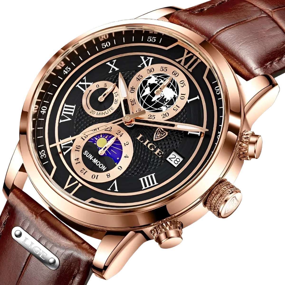 Lige men rose gold chronograph watch with black dial roman numerals sun-moon phase world time brown leather strap