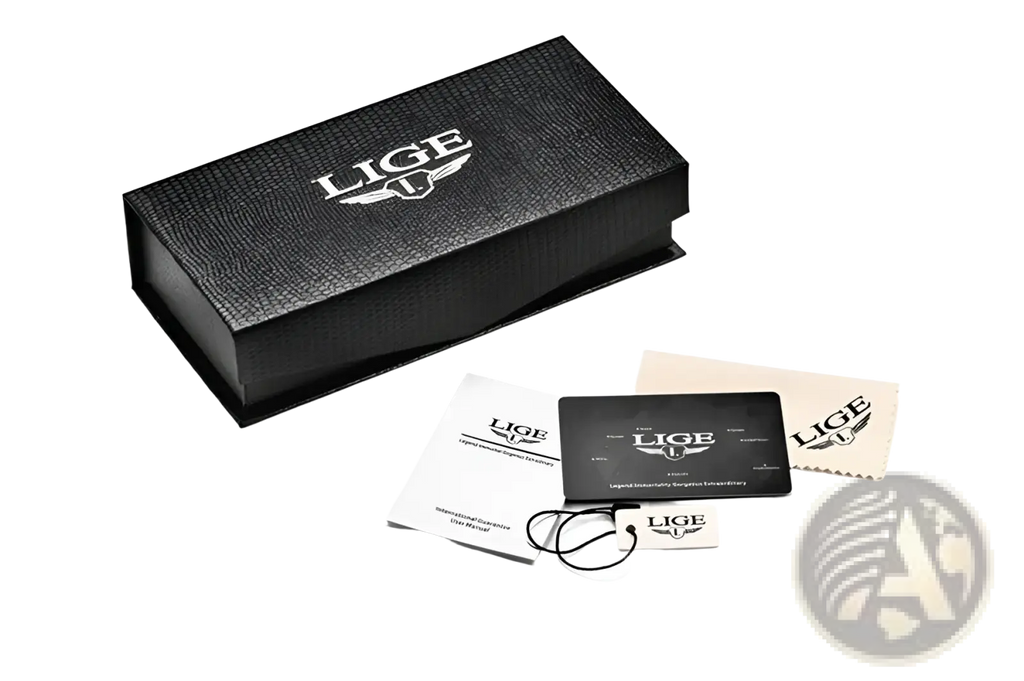 Black Lige watch box with textured surface and silver logo for Lige men rose gold chronograph leather watch