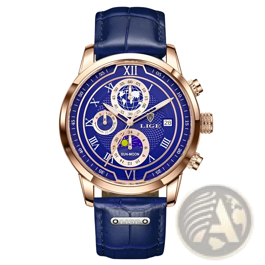 Lige men rose gold chronograph leather watch with blue strap, roman numerals, sun-moon phase, world map, and date window