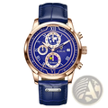 Lige men rose gold chronograph leather watch with blue strap, roman numerals, sun-moon phase, world map, and date window