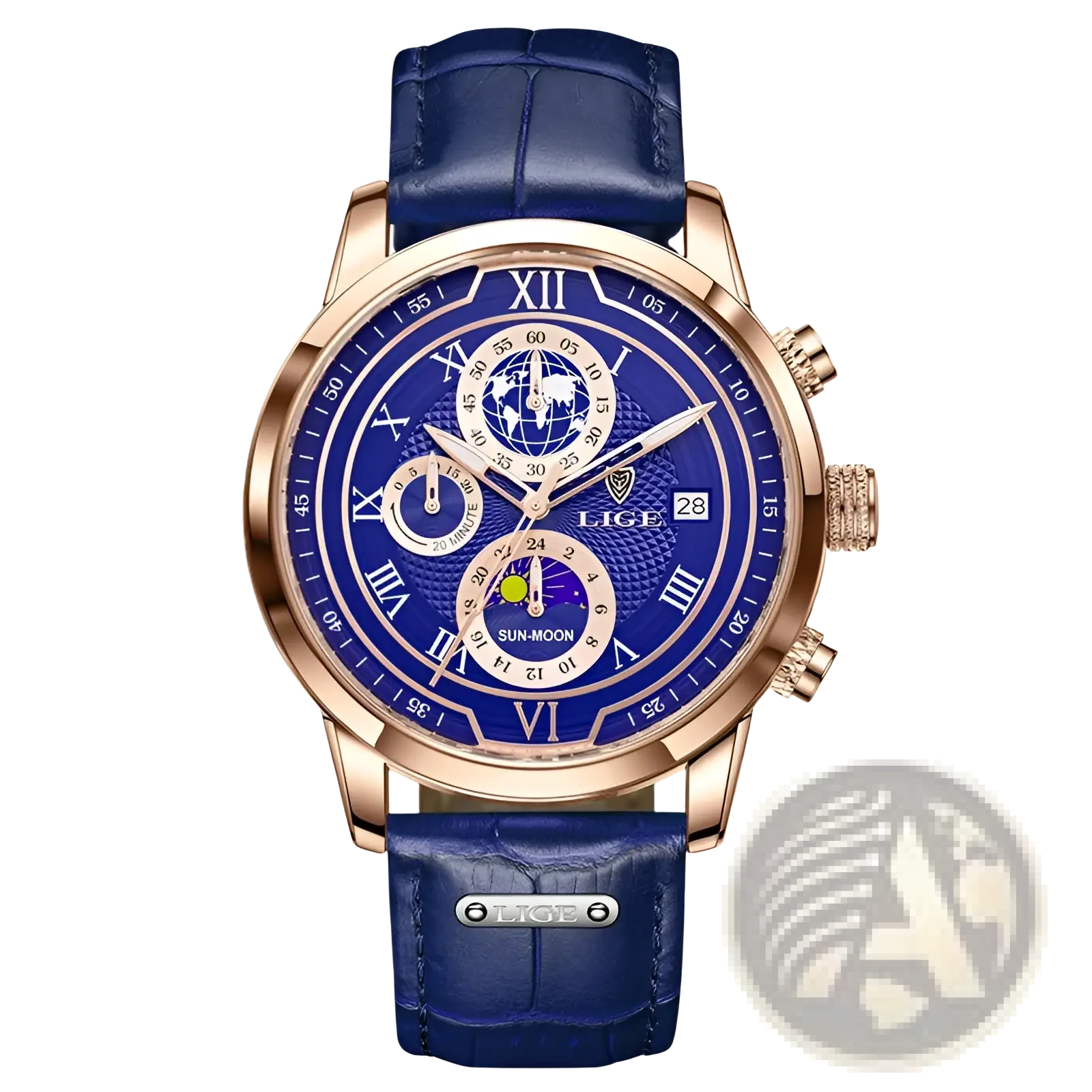 Lige men rose gold chronograph leather watch with blue strap, roman numerals, sun-moon phase, world map, and date window